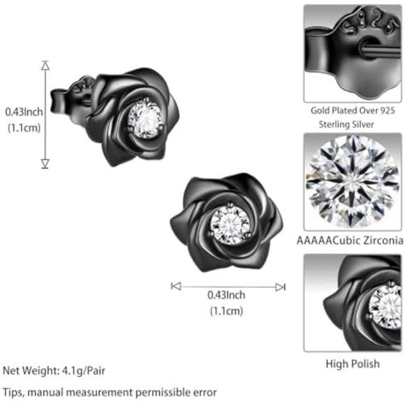 ⁶Sterling Silver Post 18K Gold Plated 3D Realistic Rose Cubic Zirconia Earrings, - Picture 4 of 8